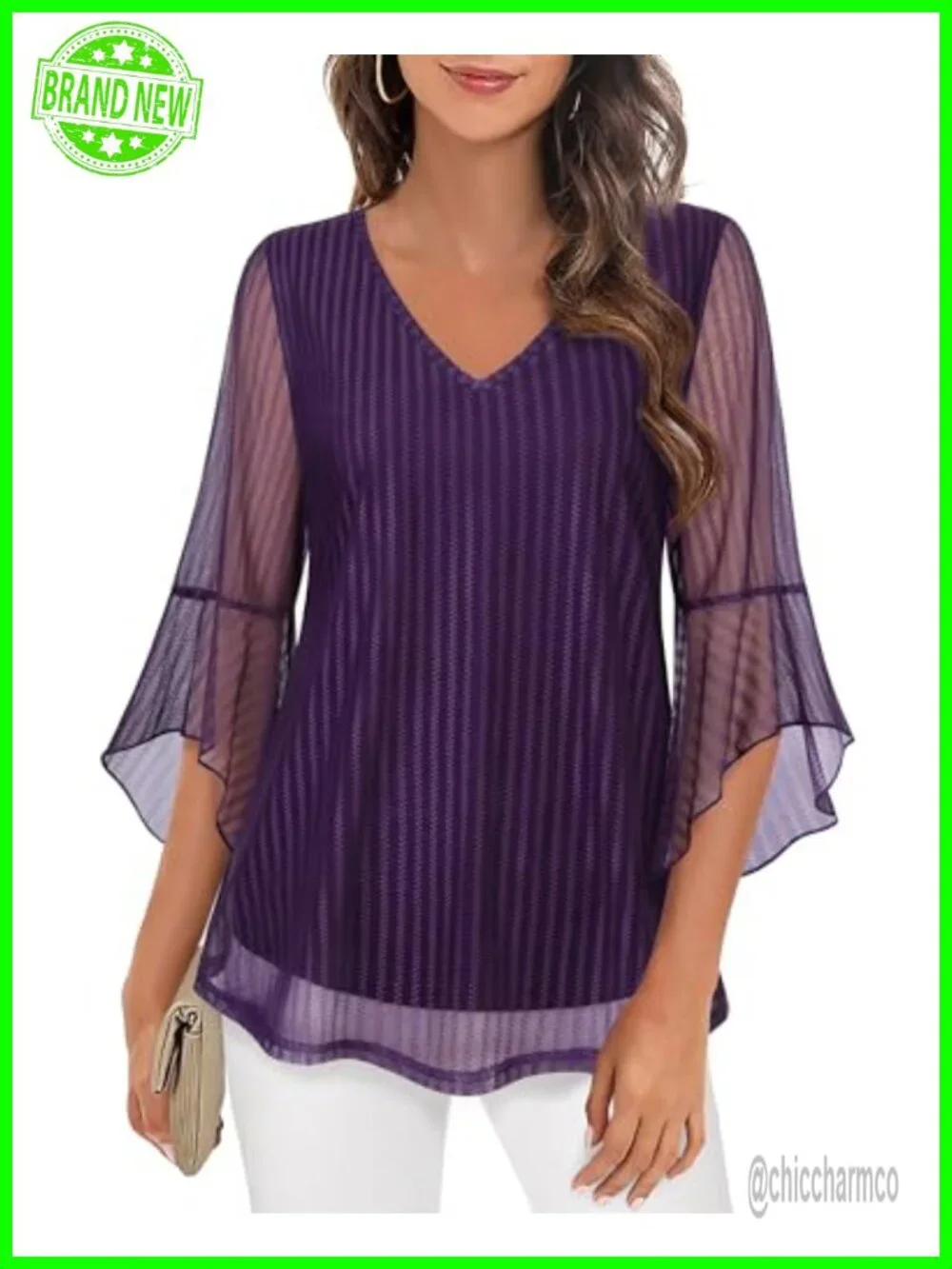 Women's V Neck 3/4 Ruffle Bell Sleeve Blouse Double Layers Mesh Tunic Top